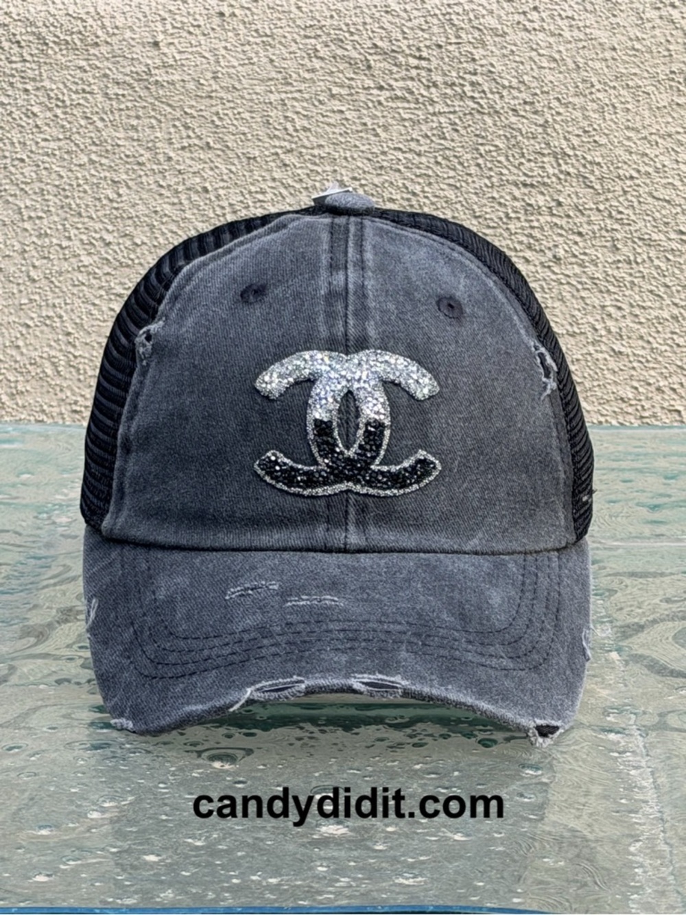 NWT Handmade Designer Look Ball Cap With Silver & Black Ombré Crystal Logo - Picture 3 of 11